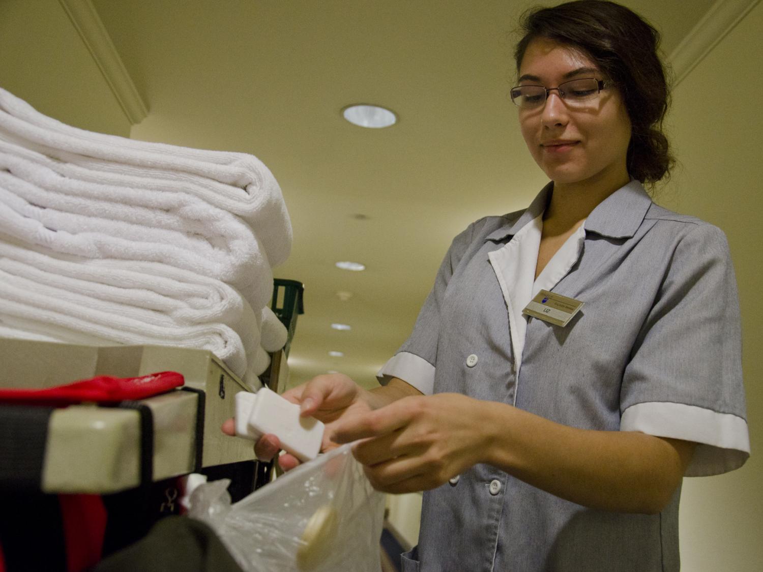 Liz Conner collects the soap