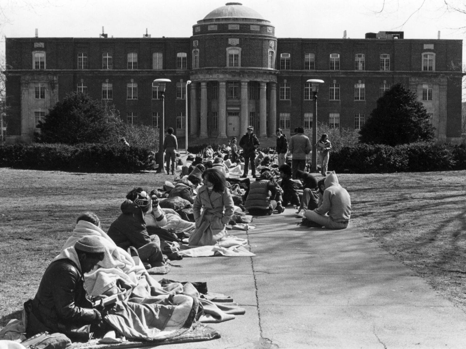 Students waiting in line for dorm contracts in 1970s