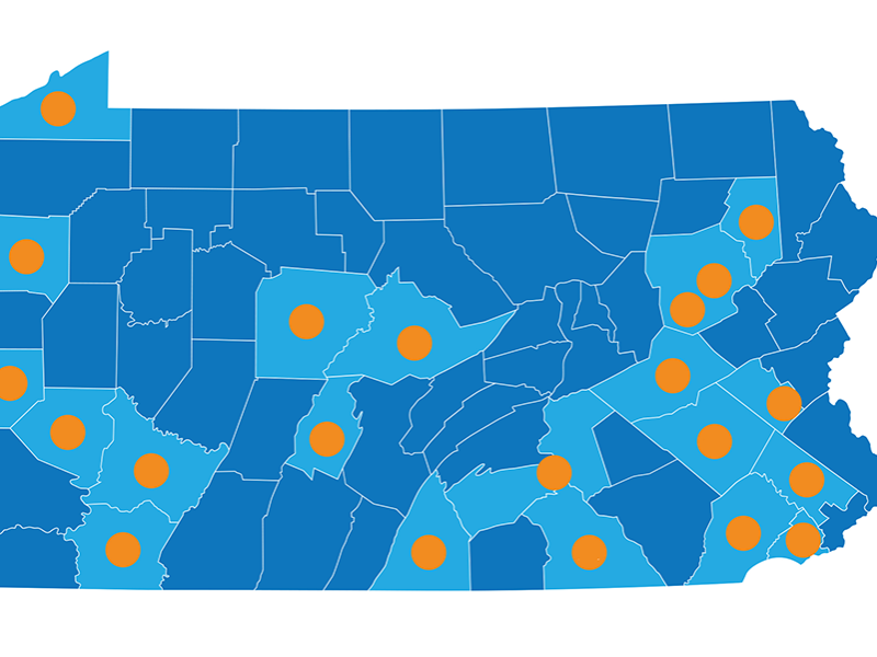 A map of the innovation hub locations across Pennsylvania