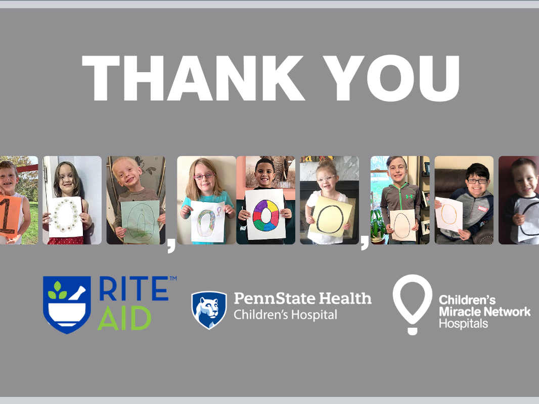 The words "Thank You" are spelled out above photos of children holding up numbers to spell out "100,000,000." Three logos appear across the bottom.