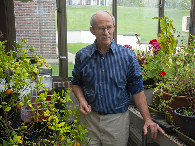 Rod Heisey stands in Penn State Schuylkill's greenhouse, surrounded by colorful flowers and a tree sprouting small oranges.