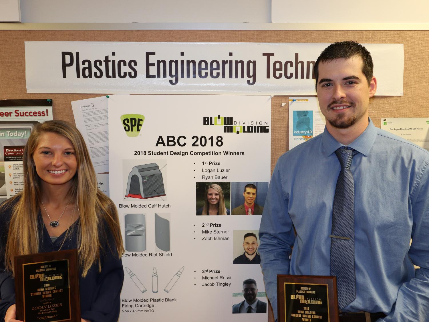 Penn State Behrend students Ryan Bauer, right, and Logan Luzier recently took first place in the Blow Molded Parts Competition at the 34th annual Blow Molding Conference, held earlier this semester in Pittsburgh.