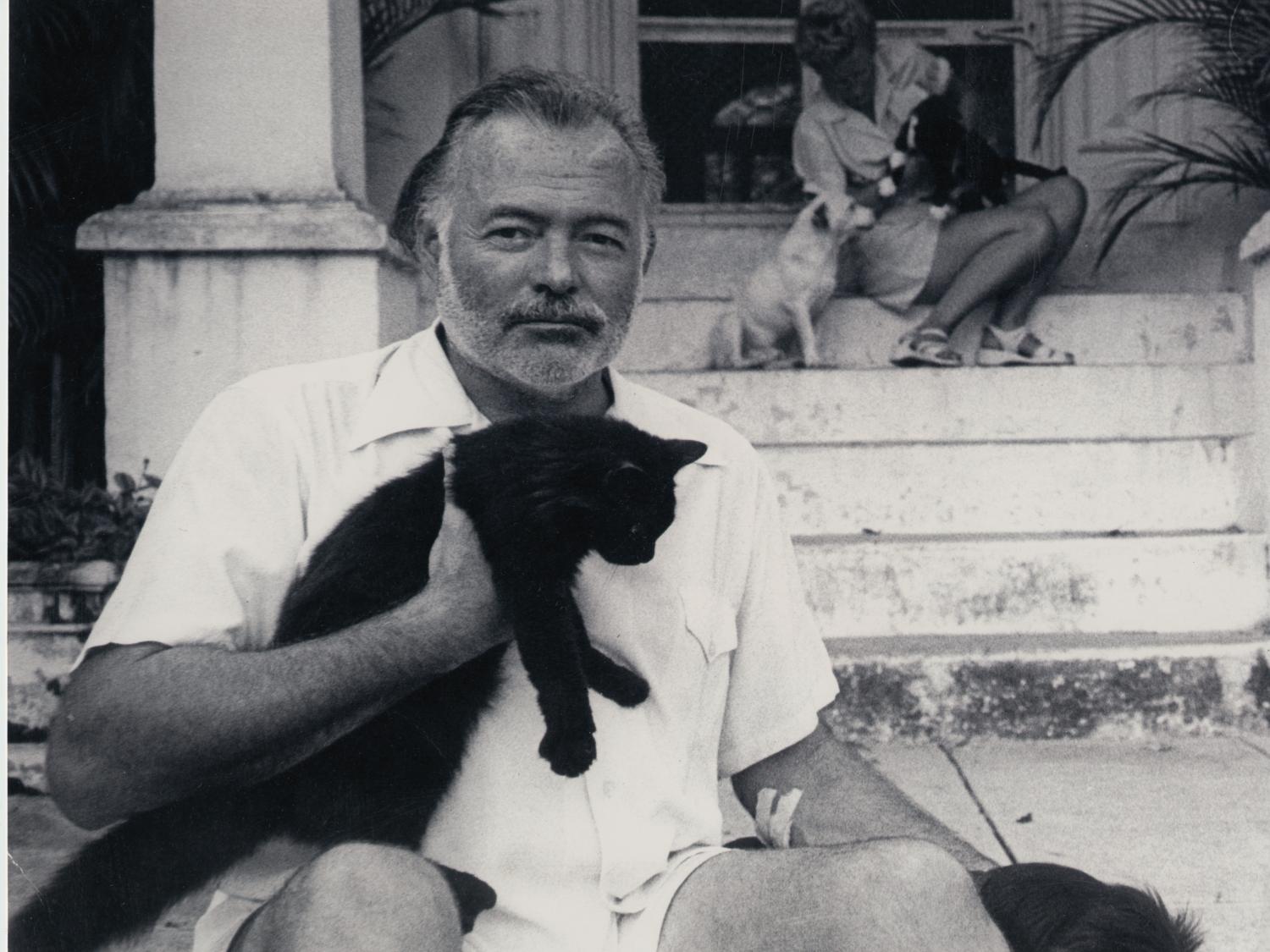 Ernest Hemingway holding a cat.