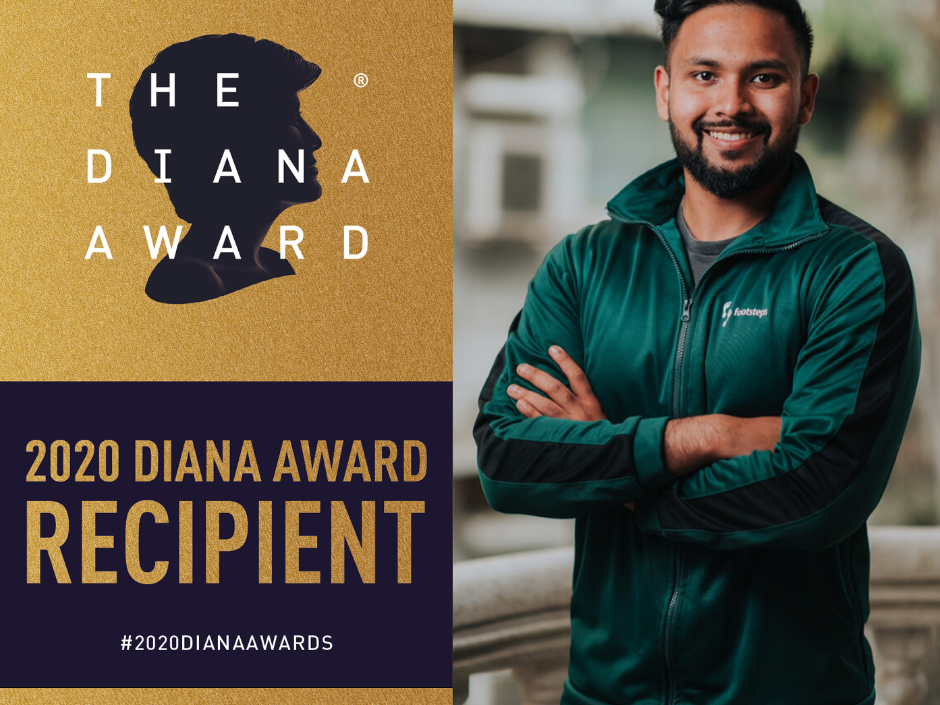 Shah Chowdhury standing next to a graphic which says, "2020 Diana Award Recipient"