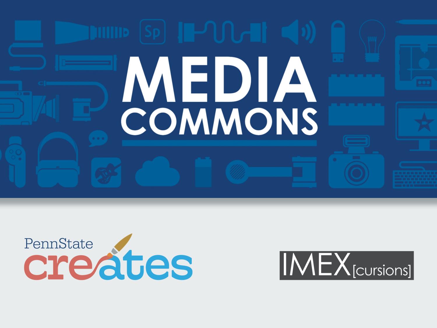 logos for media commons, penn state creates, and IMEX cursions