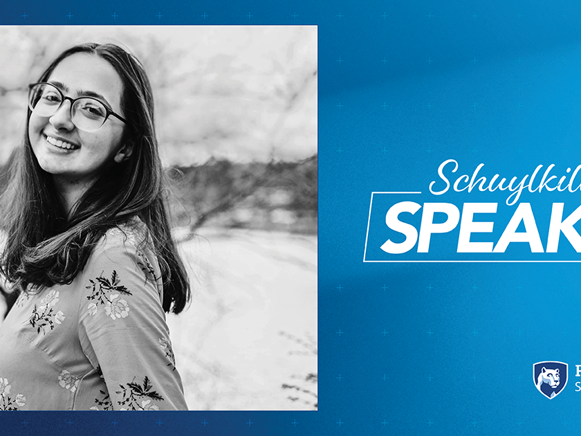 Schuylkill Speaks! graphic with a black and white photo of student, Bethany Haag