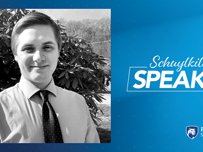 Schuylkill Speaks graphic with a black and white photo of student, Evan Sukeena