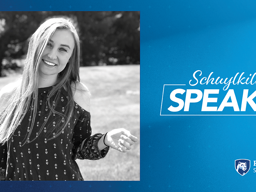 Black and white photo of Julia Hahn on blue background with text reading Schuylkill Speaks! 2021 and Penn State Schuylkill logo