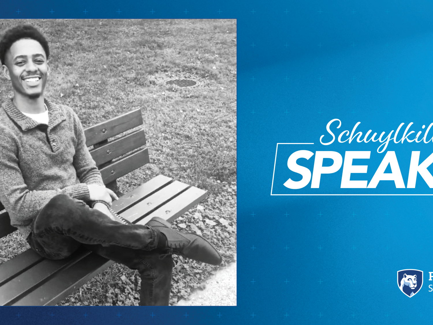 Schuylkill Speaks! graphic featuring black and white portrait of student, Malique Hughes