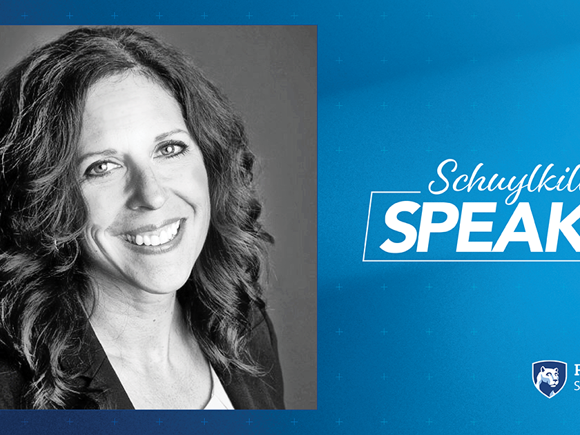 black and white headshot of Michele Atkinson in a blue frame with the text "Schuylkill Speaks 2021" and the Penn State Schuylkill logo