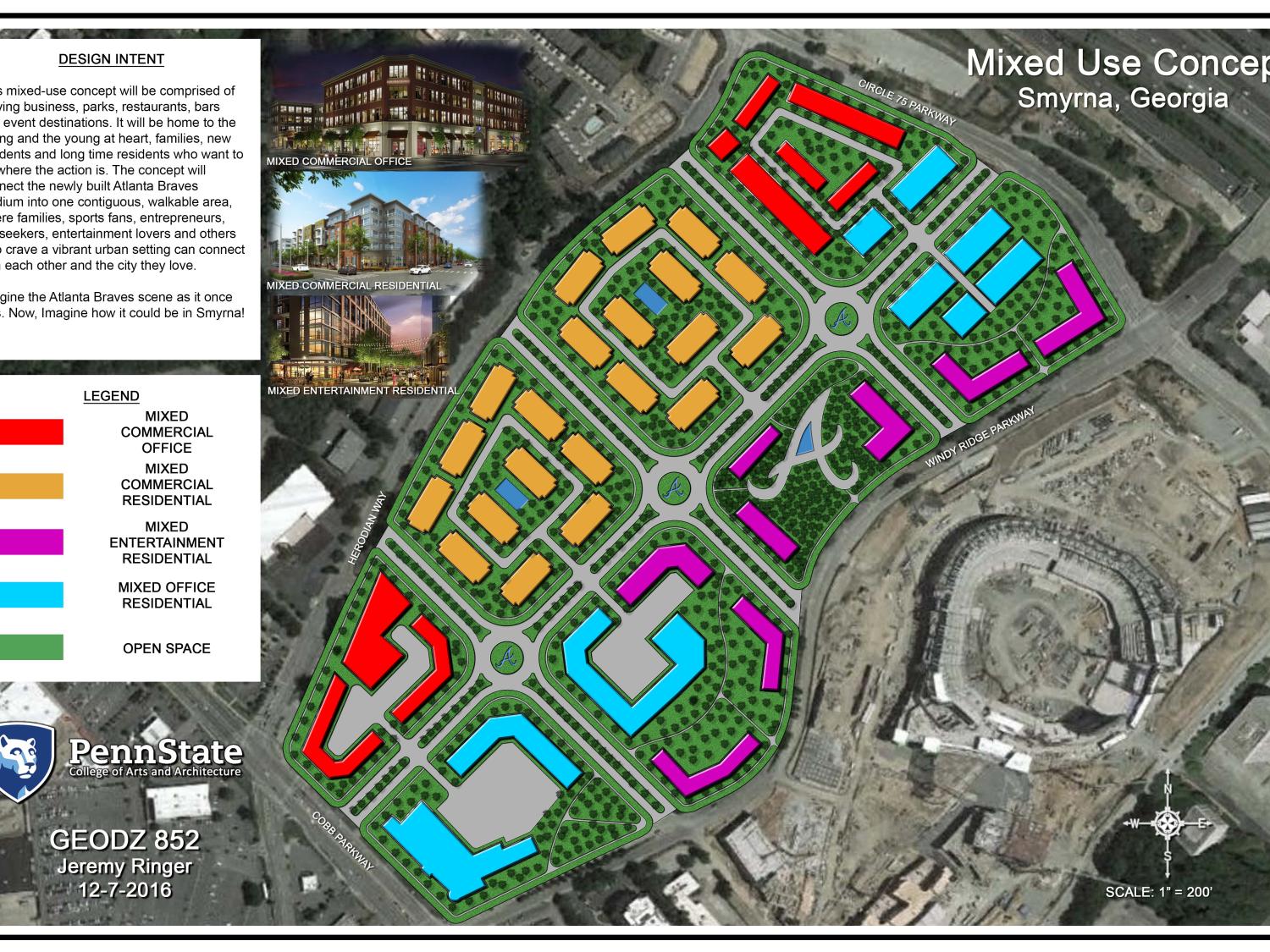 A student's final design concept for mixed-use development near a new baseball stadium for the Atlanta Braves. Real-world data is used to inform the creation of different design ideas for a student-selected site.