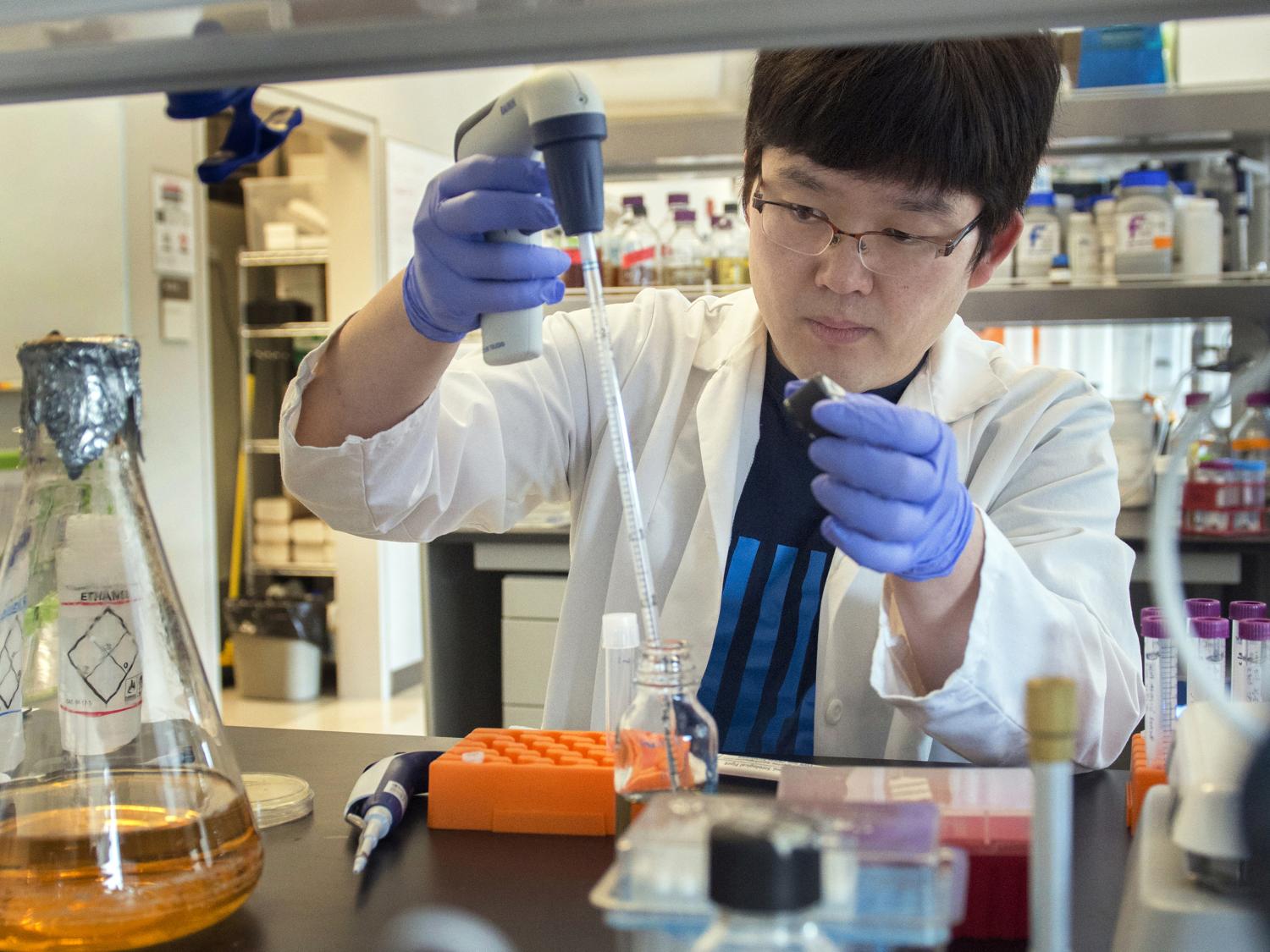 A Penn State researcher working in a lab.