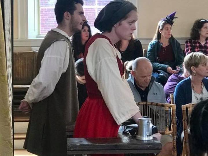Students engaged in an interactive mock witch trial of Bridget Bishop.