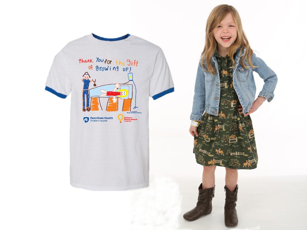 At left is a T-shirt with the words "Thank you for the gift of growing up!" and a child's drawing of a patient being treated. At right is a photo of a young girl in a dress and jean jacket, smiling with her left hand on her hip.