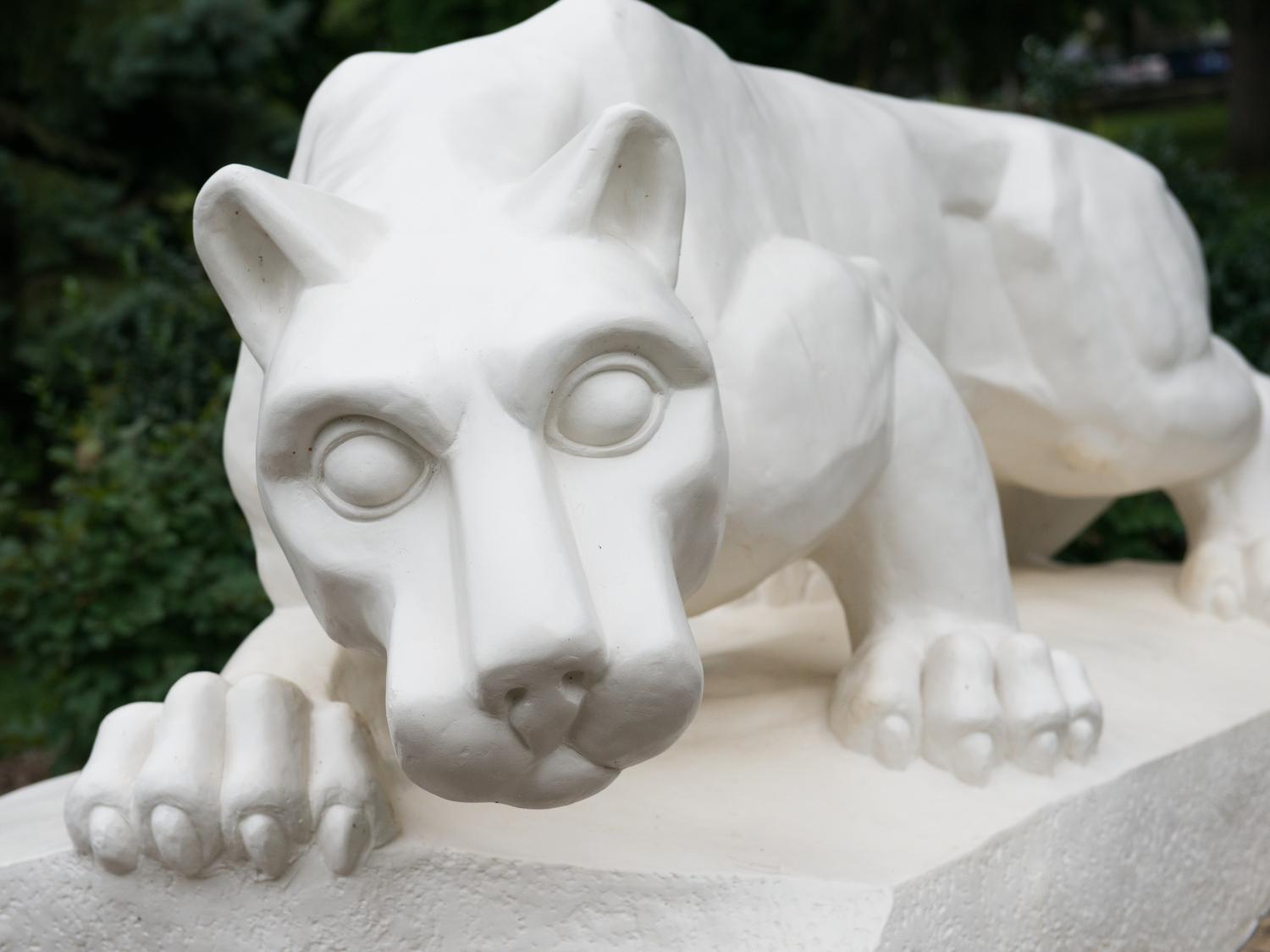 a closeup, head-on image of the iconic Penn State lion shrine at the Schuylkill campus