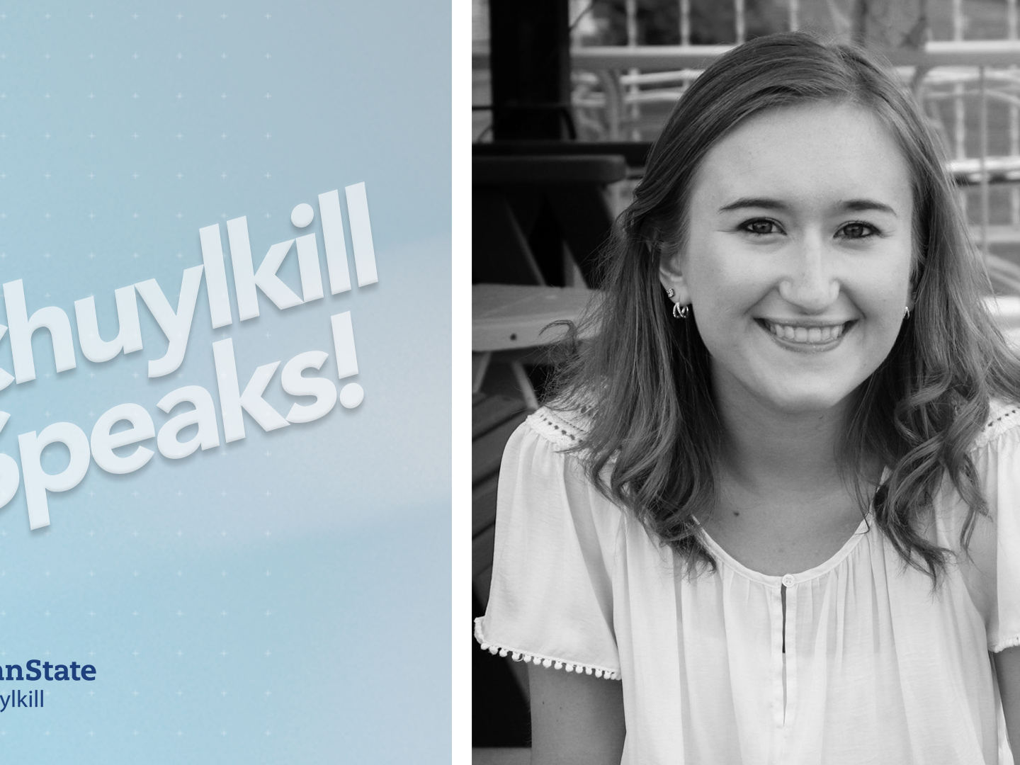 Black and white photo of Tara Laubenstine with text reading "Schuylkill Speaks" laid overtop