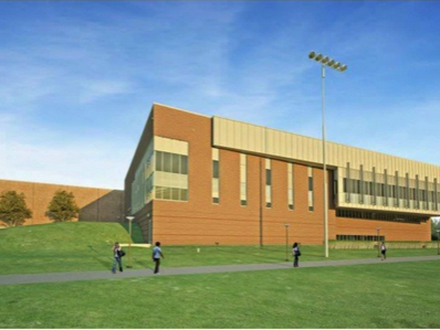 architect's rendering of Intramural Building exterior showing new two-story addition and pedestrian path