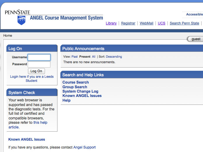 Screenshot of ANGEL homepage