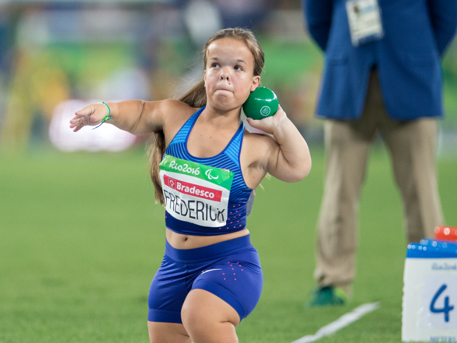 Emily Frederick competes in the women's shot put at the 2016 Paralympics