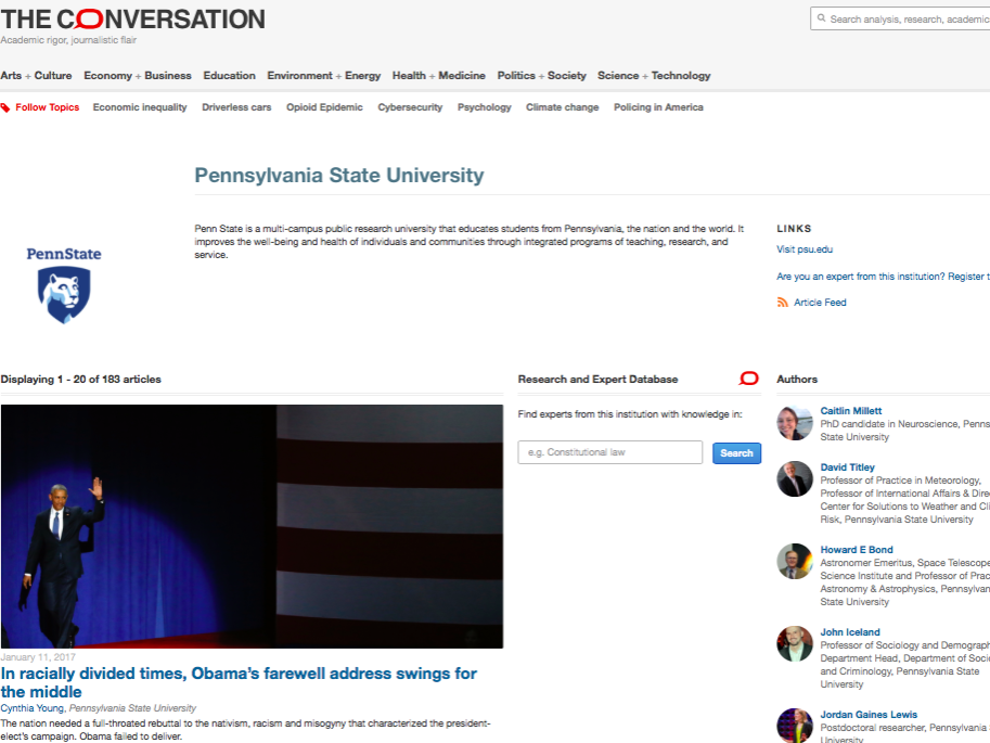 Penn State will host two editors from the academic media website The Conversation (theconversation.com) at 2 p.m. on Monday, Jan. 23, in Foster Auditorium to give a presentation about communicating research to the public. 