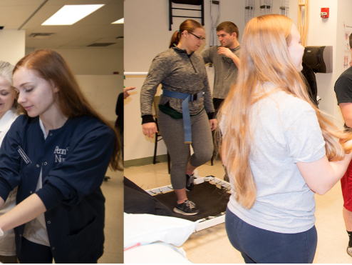 Nursing students tend to simulated human patients and Physical Therapist Assistant students demonstrate use of equipment.