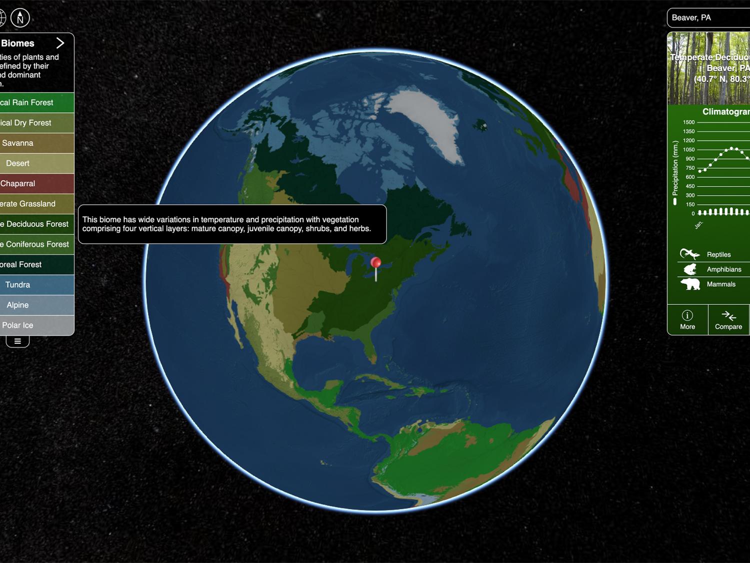 A screen shot of the biome viewer interactive map in use