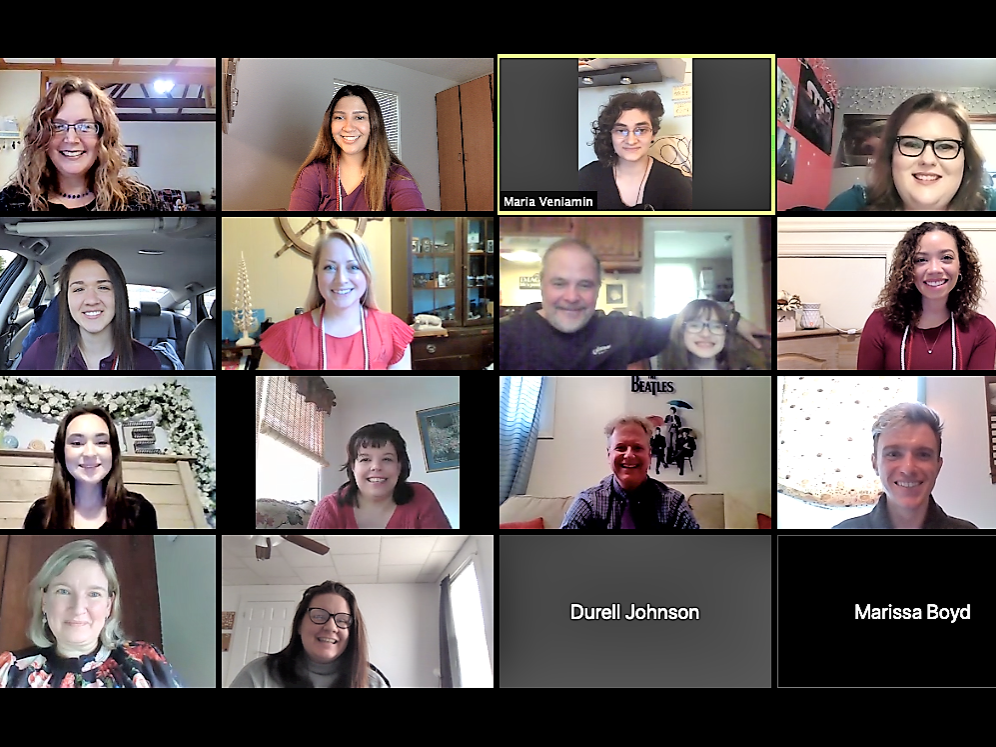 screen shot of students attending a ZOOM video conference to celebrate the Lambda Pi Eta cord recipients
