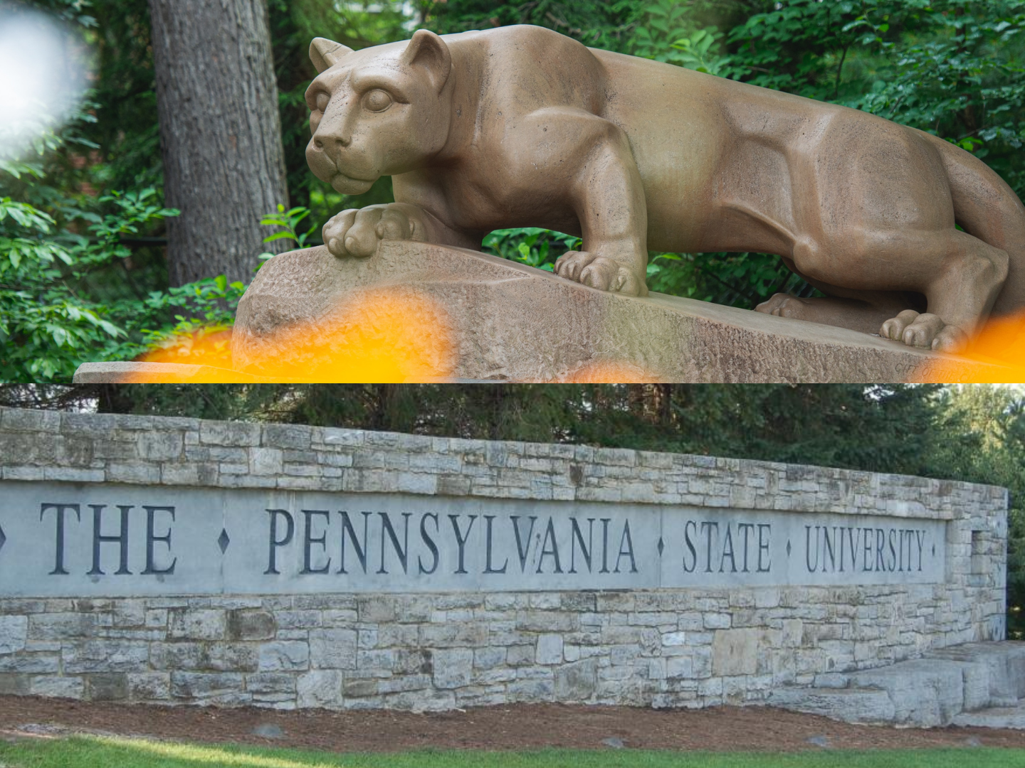 A collage of the Nittany Lion Shrine and the Pennsylvania State University Sign