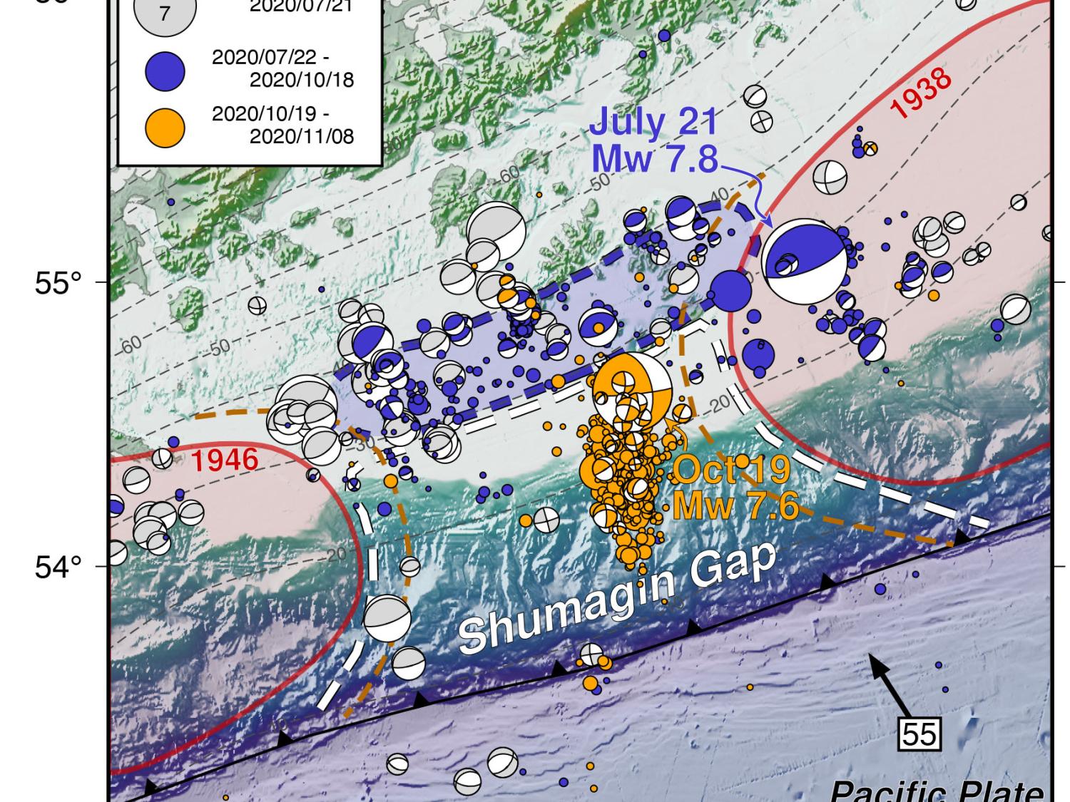 map of the Alaskan shore showing earthquakes along subduction zone