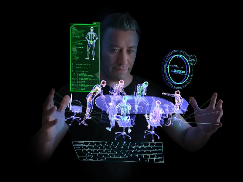 man behind virtual images of meeting, keyboard