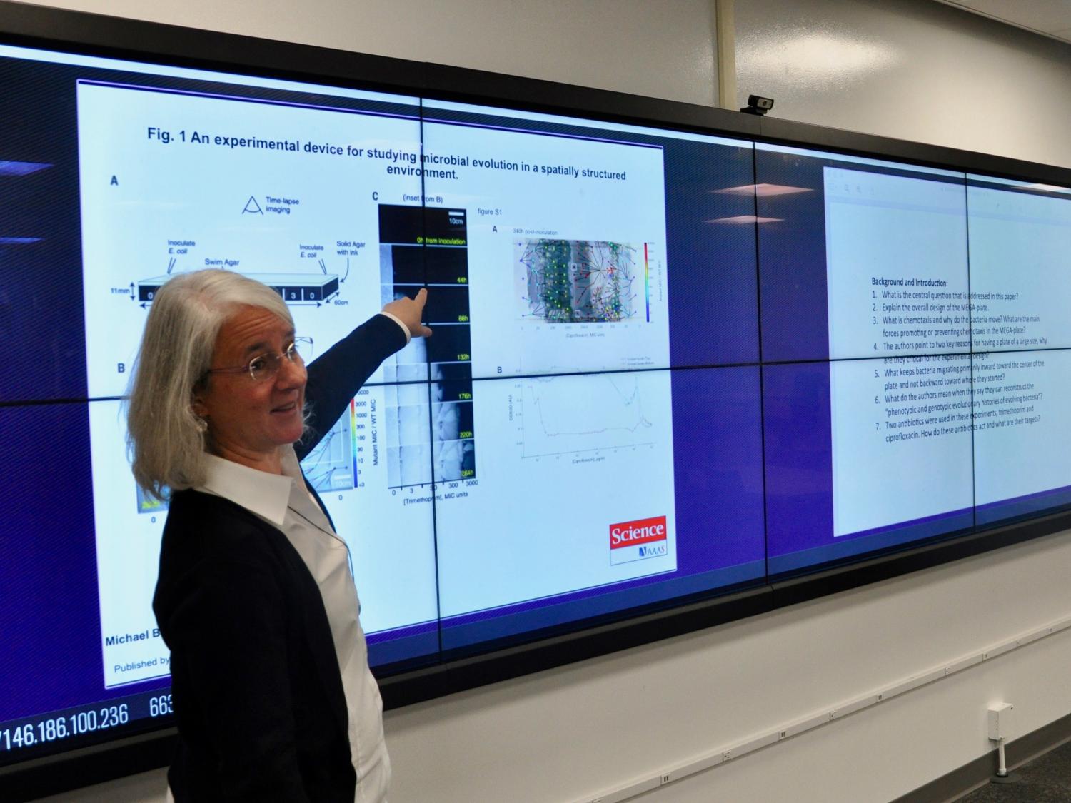 Sarah Ades, associate professor in the department of biochemistry and molecular biology, using Solstice’s ability to display images side-by-side to spark classroom discussion