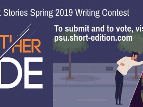illustration with text Libraries Short Stories Spring 2019 Writing Contest, The Other Side, to submit and to vote visit psu.short-edition.com