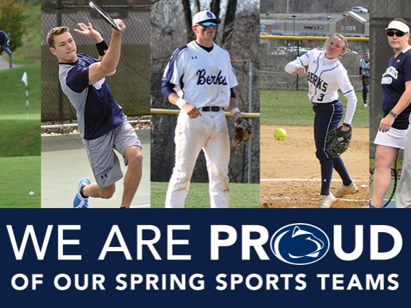 photos of students playing gold, men's tennis, baseball, softball, and women's tennis above a banner that says "We are proud of our spring sports teams"