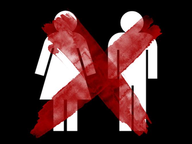 The universal symbols for men and women, marked with a red X.