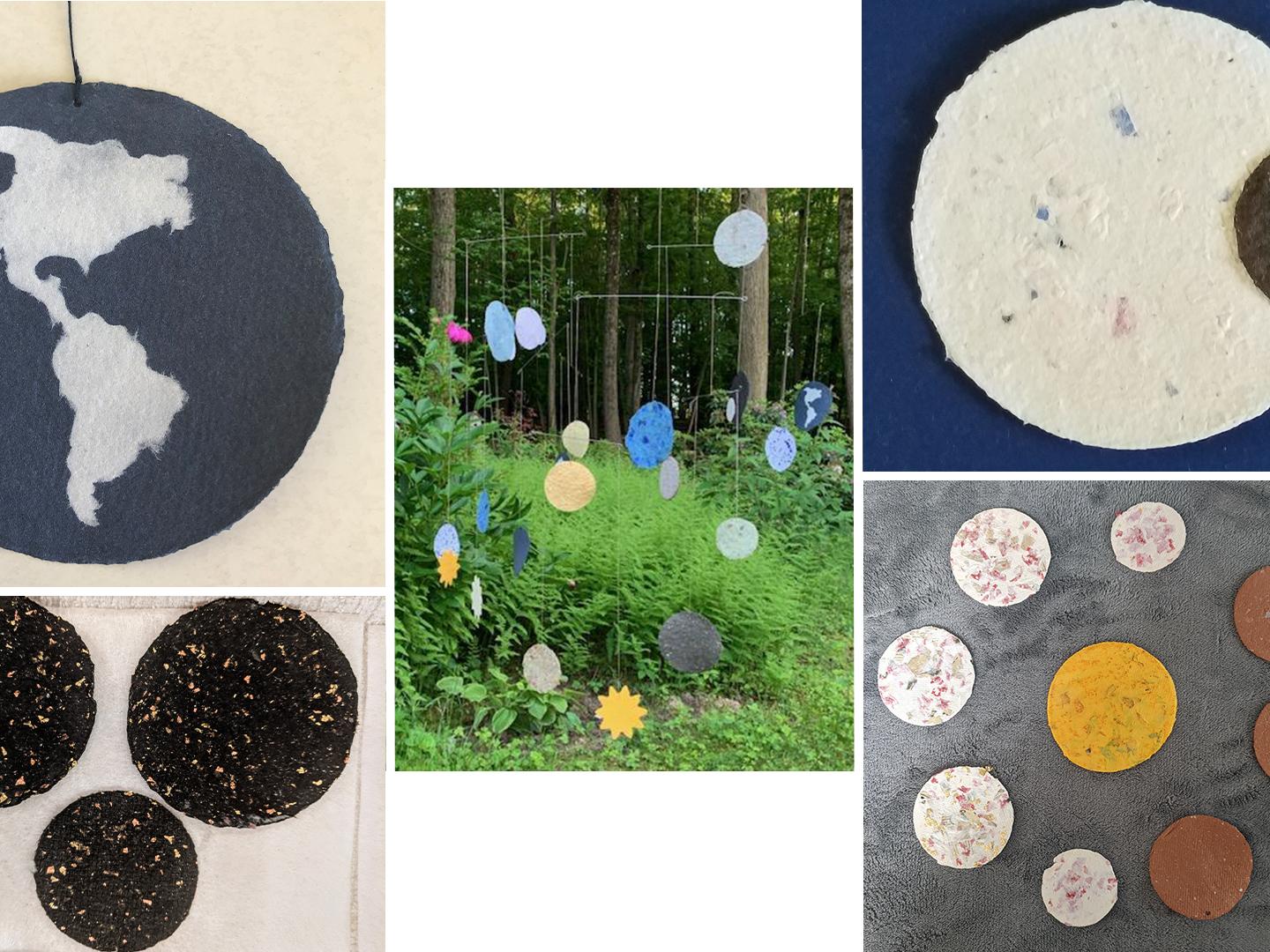 photo collage showing wired paper mobiles and close-ups of circles of homemade paper 