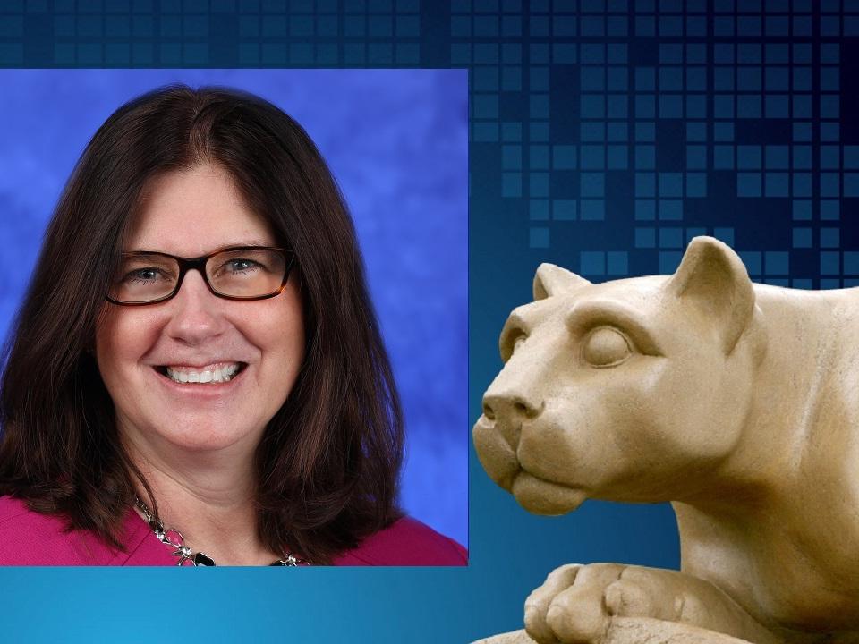 A professional headshot of Michele Szkolnicki is positioned in a graphic next to a photo of a Penn State Nittany Lion statue.