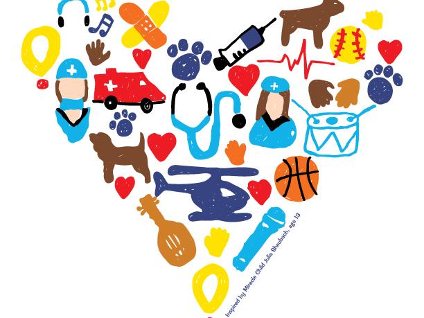 A collage-style drawing depicts a heart made of smaller hearts, hospital personnel, animals, musical instruments and other objects.