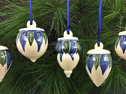 2017 commissioned ornaments, hand-painted pottery, by Christine Stangel.