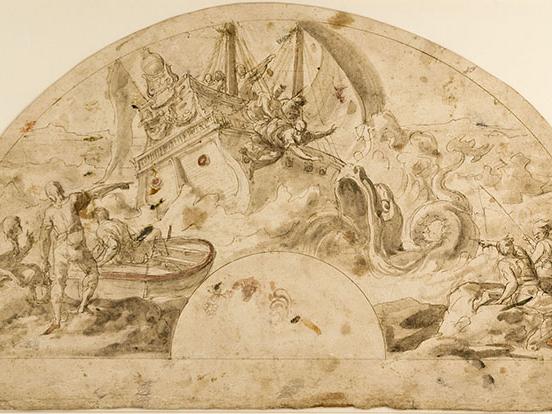 Nicola Malinconico, "Jonah Thrown to the Whale," c. 1693, ink and wash on paper. 2004.16.