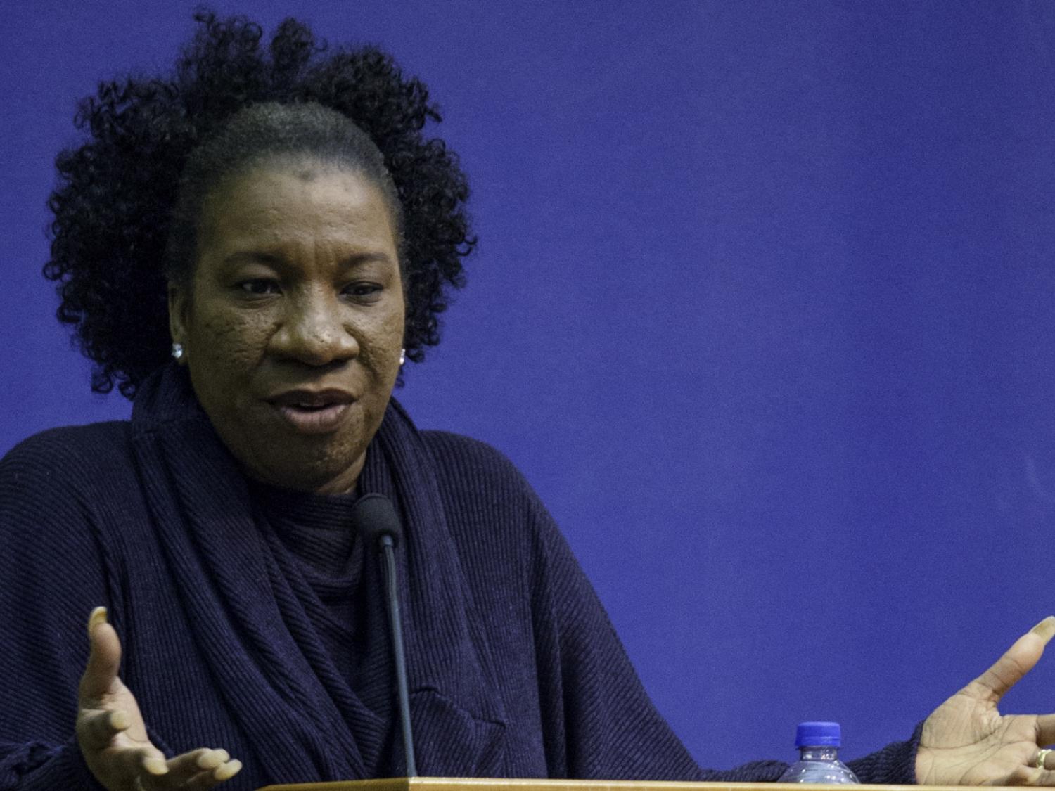 A close-up of "Me Too" founder Tarana Burke speaking at Penn State Behrend