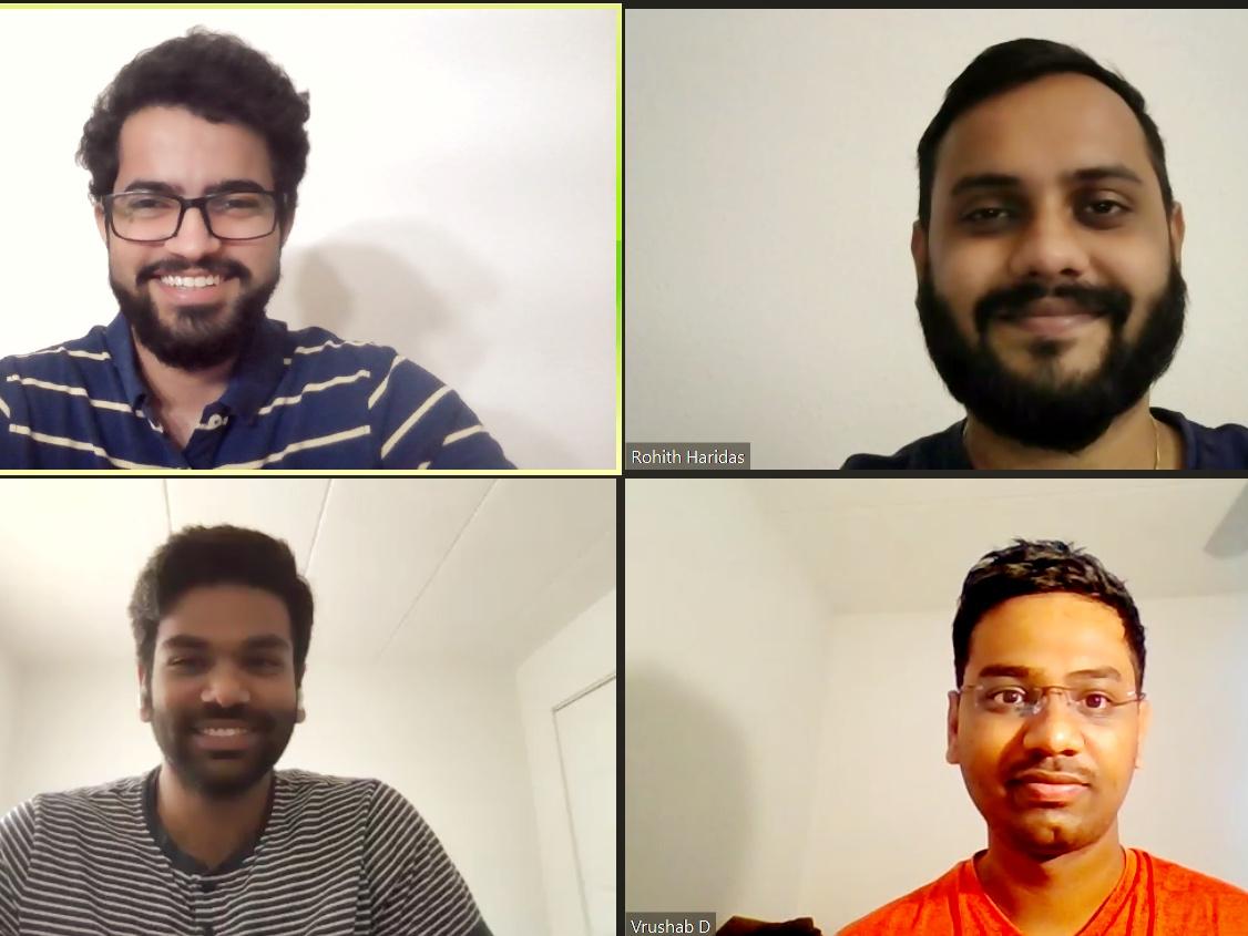 Image from a Zoom call among Vineeth Challagali, Vrushab Dharimane, Rohith Haridas, and Rahul Sharma