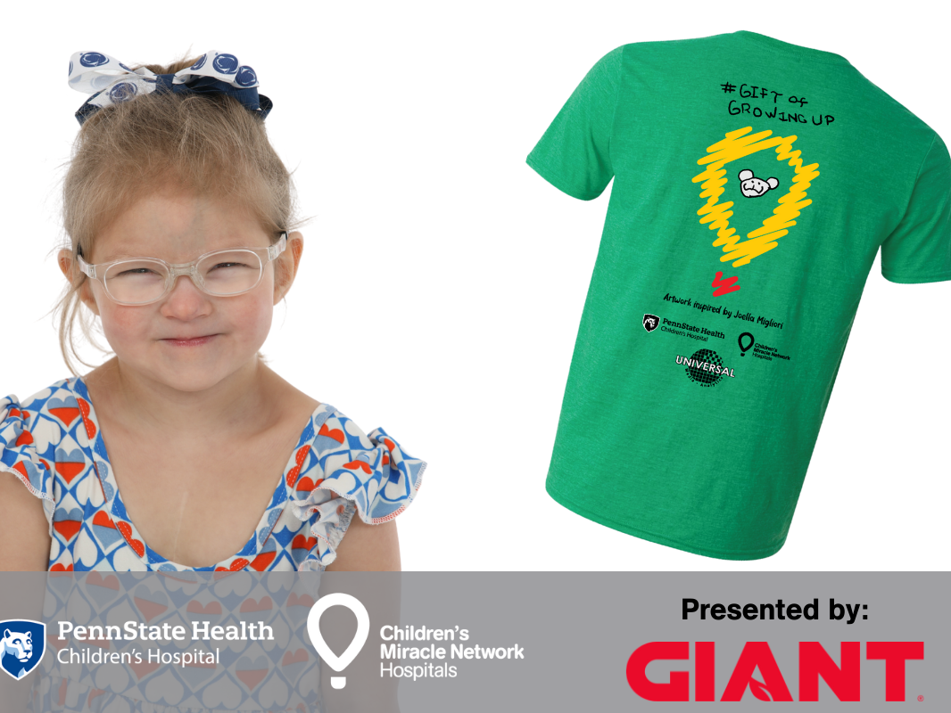 A young girl is pictured next to the image of a T-shirt bearing the CMN logo. Logos for Penn State Health, CMN and Giant are across the bottom of the screen.