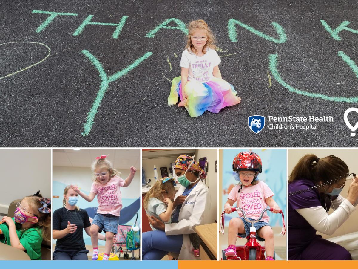 A composite image with several photos of a young girl participating in various activities. In a horizontal photo across the top half, she is sitting amid a chalk drawing reading "THANK YOU."
