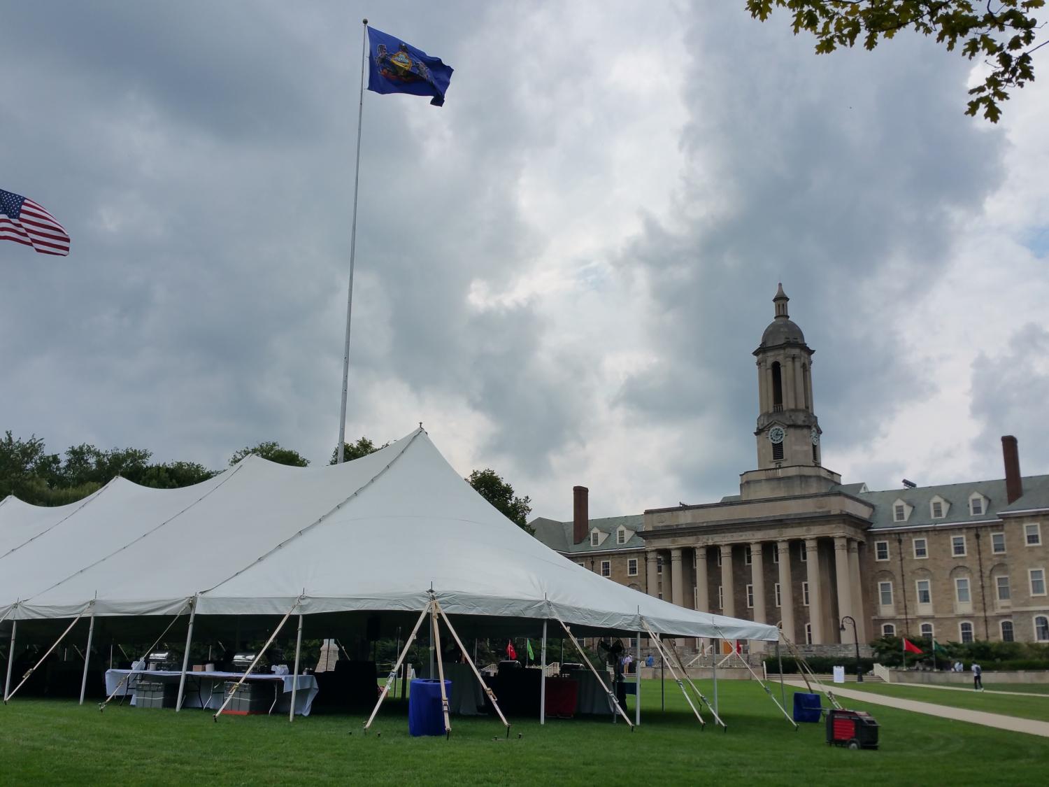 Old Main Lawn, with a large tent set up for ISO