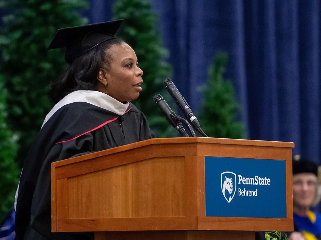 Penn State Behrend alumna Tesha Nesbit speaks during a commencement program.