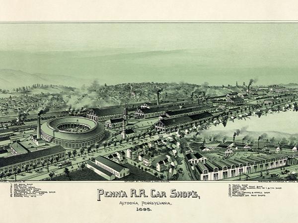 Thaddeus Mortimer Fowler and James B. Moyer's lithograph showing the town of Altoona in 1895, a town created to serve the Pennsylvania Railroad
