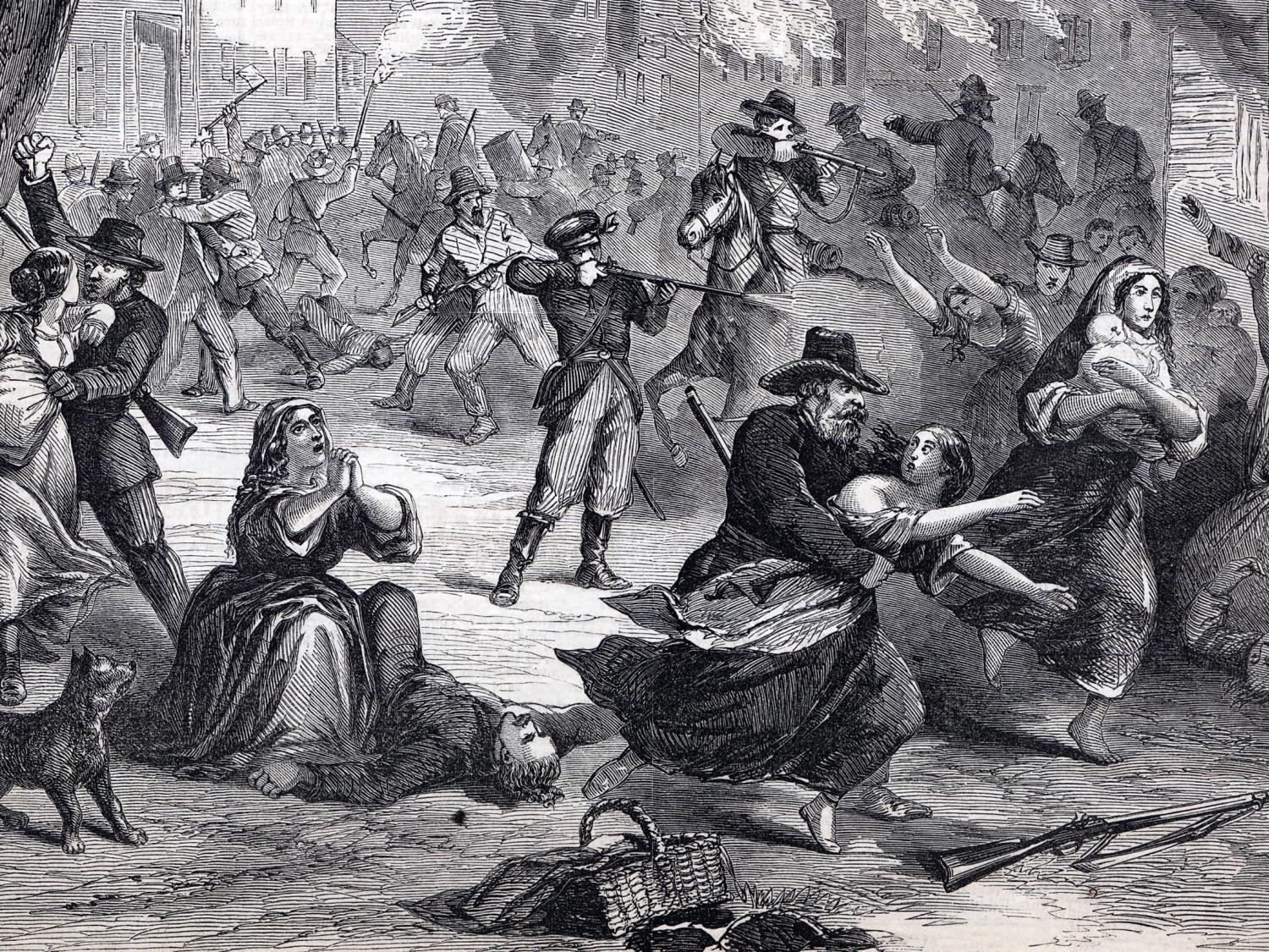 A drawing of the attack on Lawrence, Kansas, in 1863