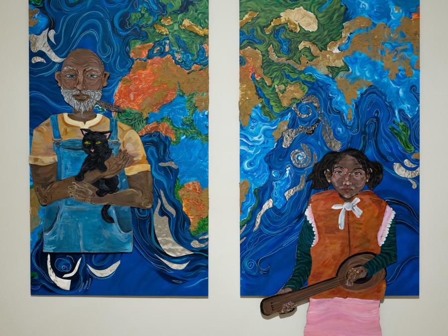 A painting shows an elderly man holding a cat on the left side and a young girl holding a banjo on the right side while a map of the world is in the background.