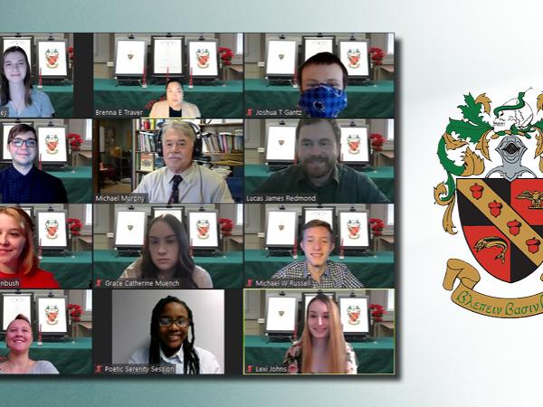Graphic including grid of 12 students and faculty members who attended the induction ceremony via Zoom featuring the TriBeta logo on a blue and white background.