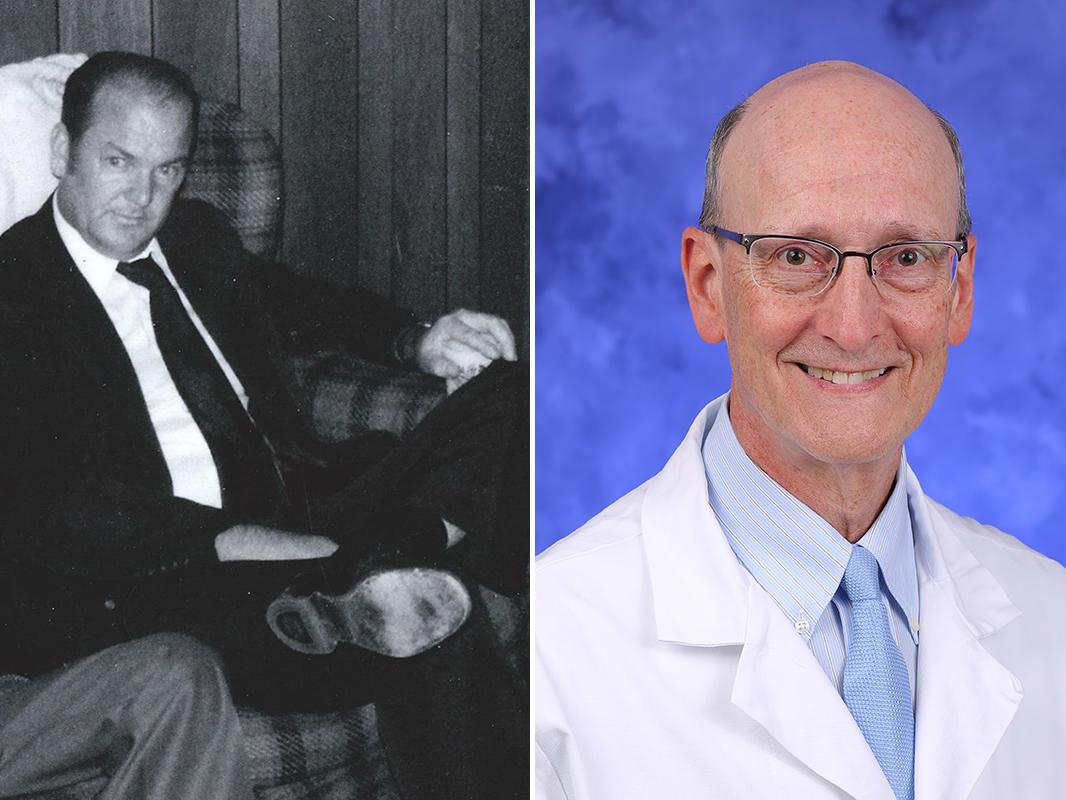 Two photos placed side-by-side. At left is a photo of Cpl. Chester Ray Trout, wearing a suit, seated. At right is a professional headshot of Dr. Robert Cilley, wearing a tie and physician’s coat.